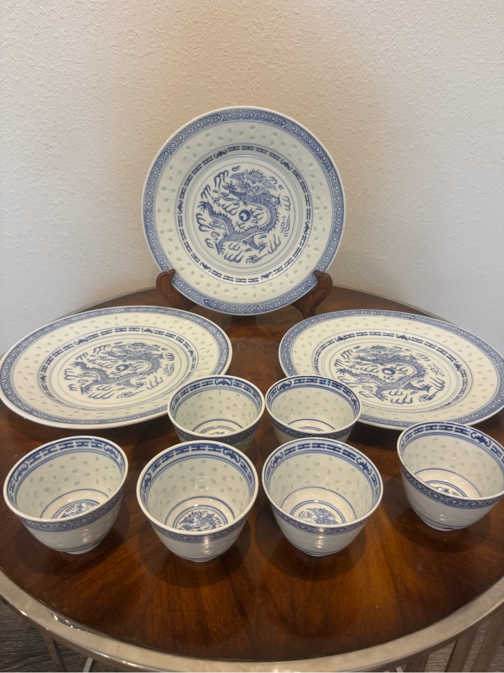 3 Jingdezhen Porcelain Dinner Plates 9” 6 Matching Porcelain Rice Bowls Dragon - Picture 5 of 16